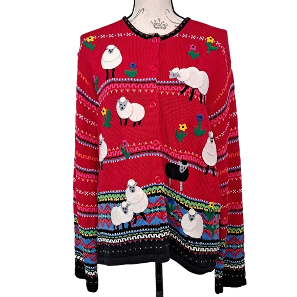 Vintage Sweaters - Susan Bristol Vintage Y2K red Ramie cotton sheep themed holiday sweater cardigan